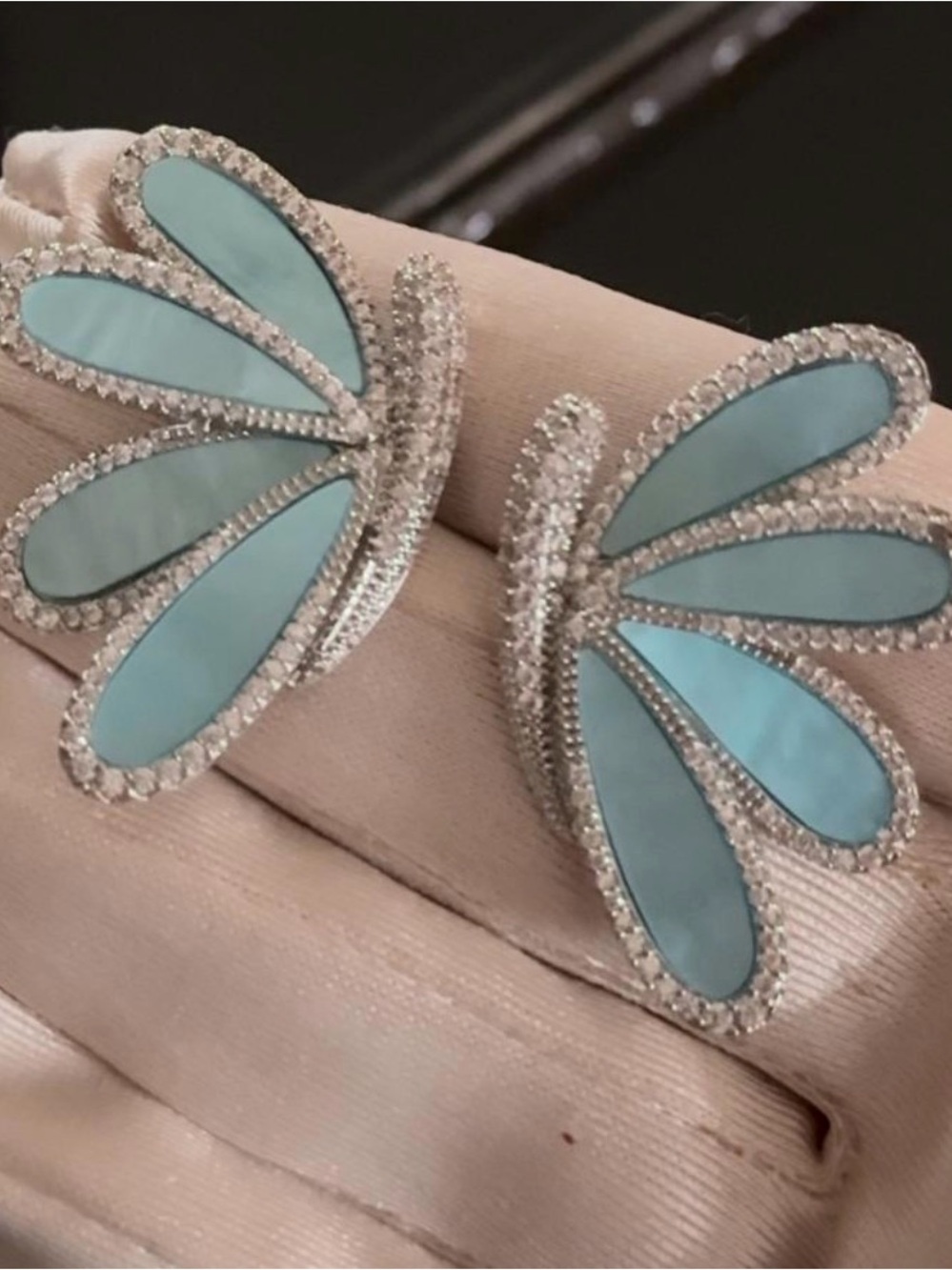 Elegant Blue Mother-of-Pearl Wing Earrings with Crystal Accents